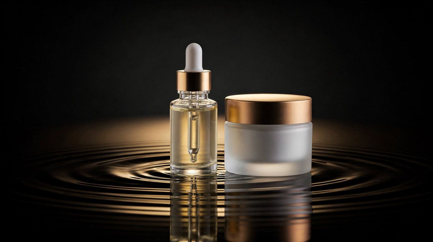 Productos de cuidado facial premium sobre fondo oscuro con luz dorada