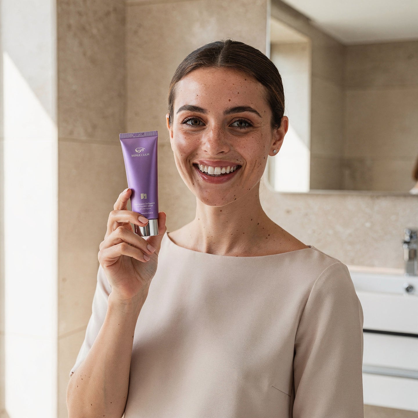 Mujer con sonrisa blanca sosteniendo el V34 ÁUREA