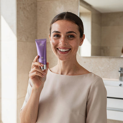 Mujer con sonrisa blanca sosteniendo el V34 ÁUREA