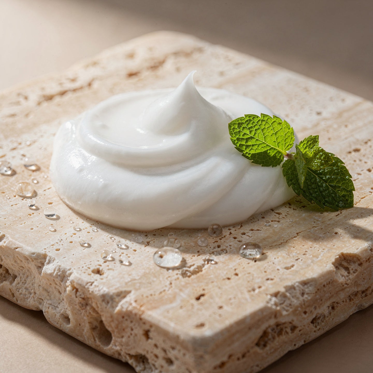 Textura fresca y ligera de la crema corporal ÁUREA sobre piedra clara