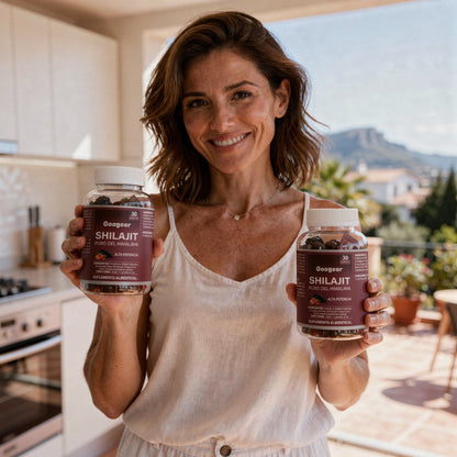 Mujer activa con energía tomando Gomitas de Shilajit