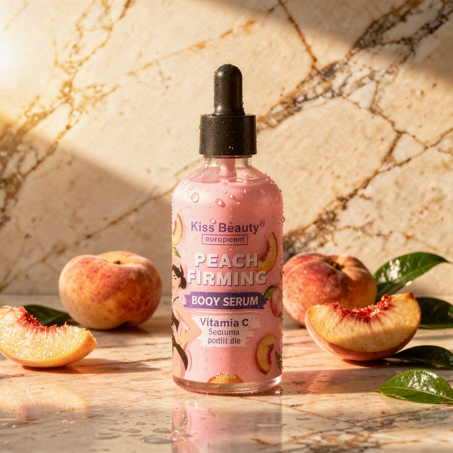 Sérum Corporal Reafirmante Vitamina C y Durazno ÁUREA sobre mármol