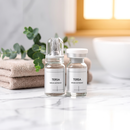 Tersa Sérum Antiedad con microagujas sobre mármol — set premium
